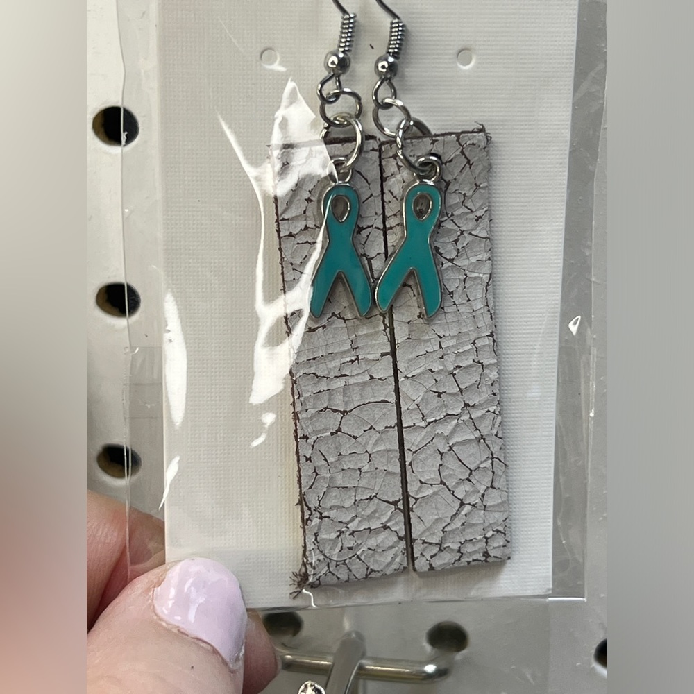 2” Rectangle Leather and Teal ribbon charm.